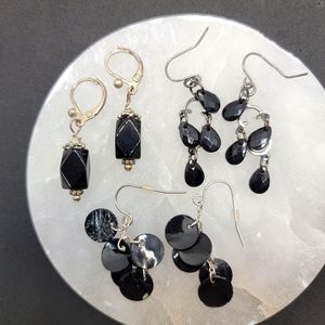 3 Pair Black and Silver Tone Earrings